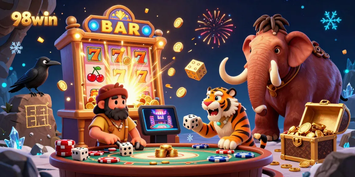 Experience the thrill of 98win with a dynamic prehistoric casino scene featuring a caveman, sabertooth tiger, and colorful gaming elements.