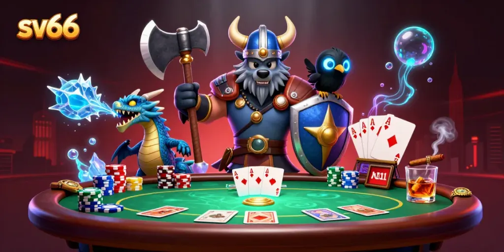 Engage in thrilling poker action with sv66 featuring heroic wolf, dragon, and vibrant casino elements.