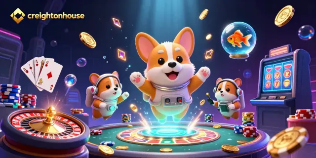 Engage in thrilling gaming adventures at creightonhouse's cosmic casino scene with floating poker chips and vibrant animations.