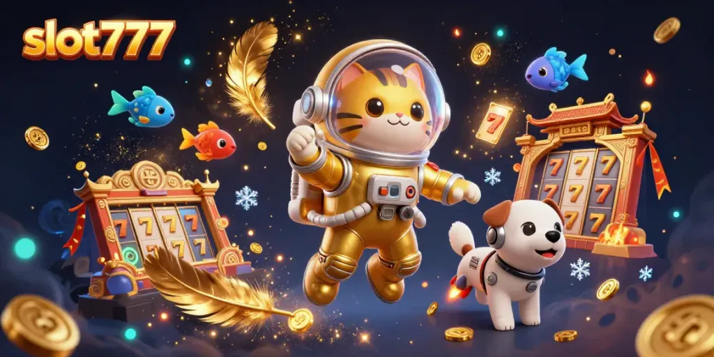 Engage with slot777 excitement in a vibrant scene featuring a space astronaut cat and robot dog amidst dazzling slot elements.