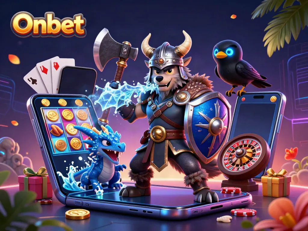 Engage with Onbet's thrilling 3D casino adventure featuring a Viking wolf warrior, dragon, and gaming elements