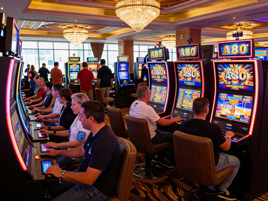 Engaged players enjoying the A80 slot information platform in a lively casino environment with vibrant lighting.
