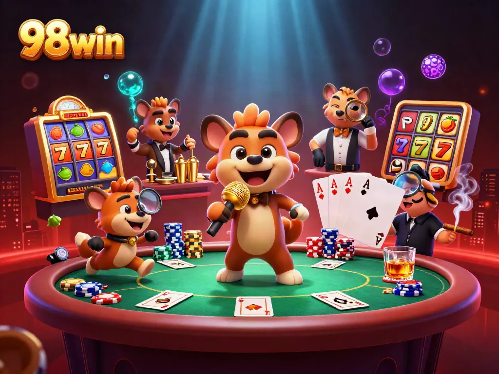 The 98win casino scene depicts hyenas in a dynamic comedy club setting, blending humor with slots and gaming excitement.