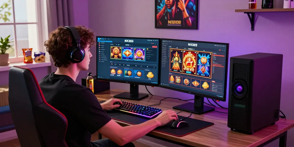 Engaging gaming scene with NX303 platform interface, showcasing user interaction and modern setup.