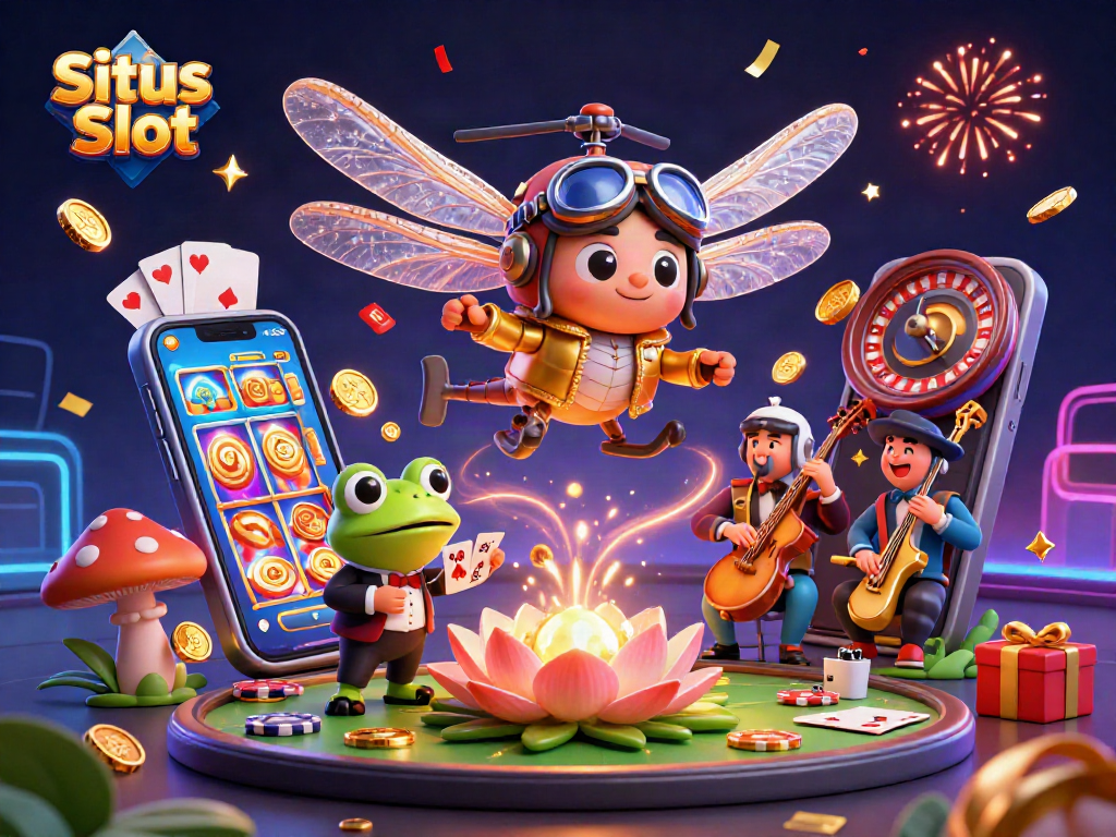 Experience thrilling Situs Slot games with a lively scene featuring a helicopter pilot, frog croupier, and jazz musicians.