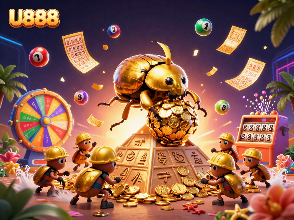 Bet on U888 with vibrant lottery elements and golden casino features in an engaging 3D scene