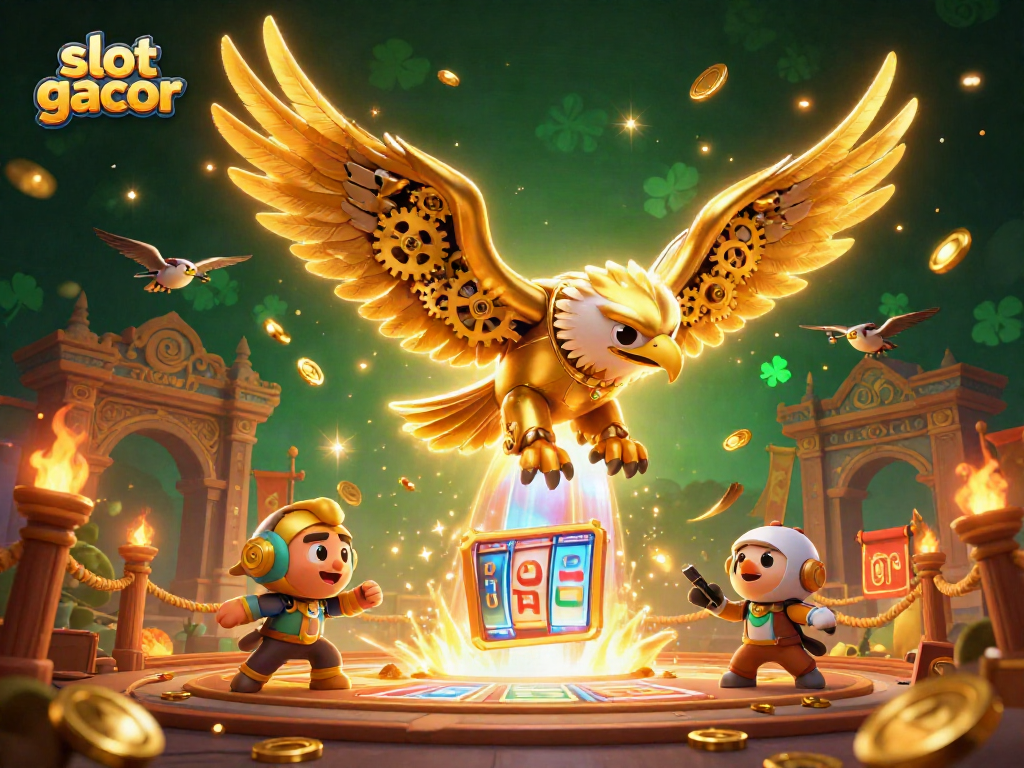 Experience the thrill of slot gacor with dynamic golden eagle amidst flying slot reels and coins.