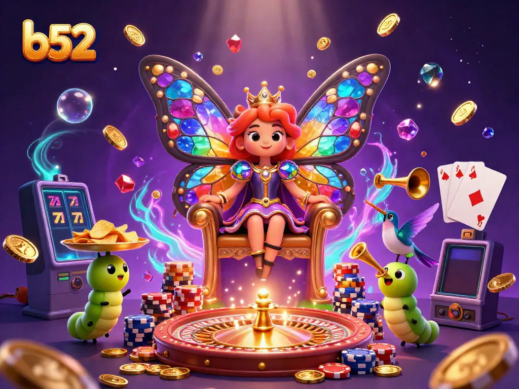 Experience b52's thrilling gameplay with a vibrant butterfly queen and casino elements in this dynamic digital art.