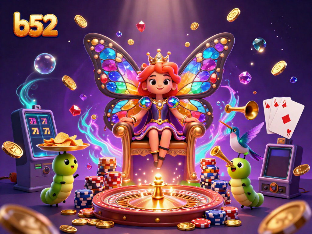 Experience b52's thrilling gameplay with a vibrant butterfly queen and casino elements in this dynamic digital art.