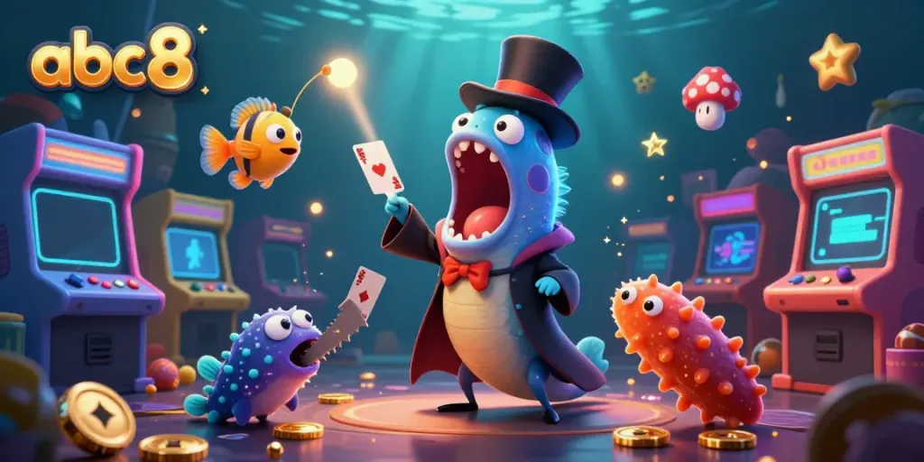 Engage in thrilling gambling fun with abc8 as characters perform card tricks in a vibrant casino scene.