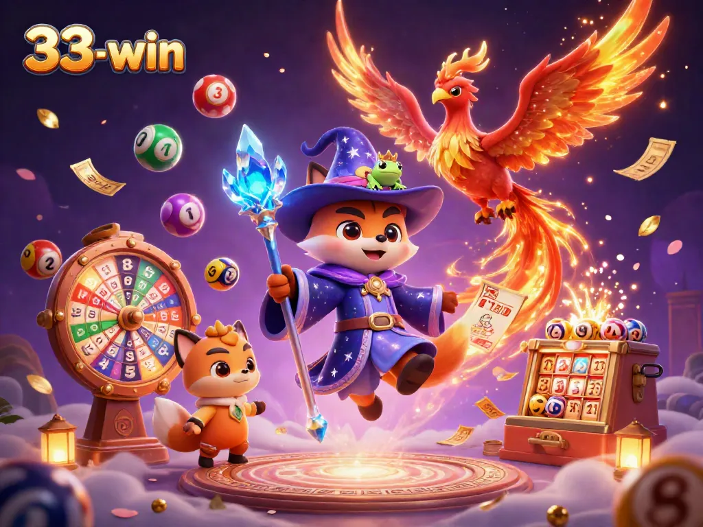 Engage in thrilling gameplay at 33-win with a mystical illustration featuring a wizard fox and exciting game elements.