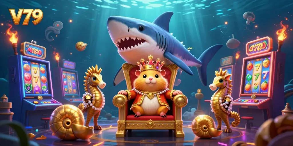 Join V79 and embark on an epic adventure with a golden hamster king on his megalodon throne, surrounded by captivating slot action.
