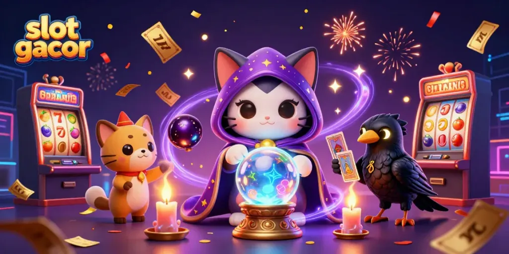Slot gacor, ilustrasi animasi 3D kucing mistik dan burung gagak di dunia kasino yang penuh warna.
