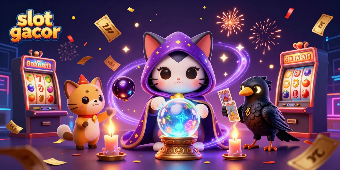 Slot gacor, ilustrasi animasi 3D kucing mistik dan burung gagak di dunia kasino yang penuh warna.
