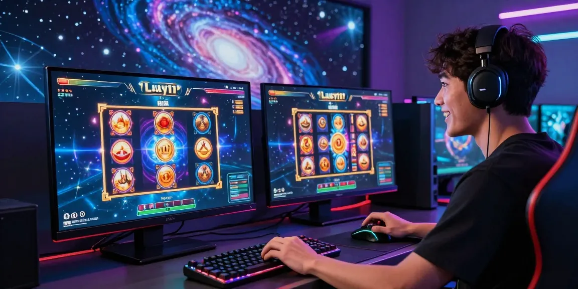 Engaged player in a futuristic gaming room enjoying luxury111 cosmic themed games.