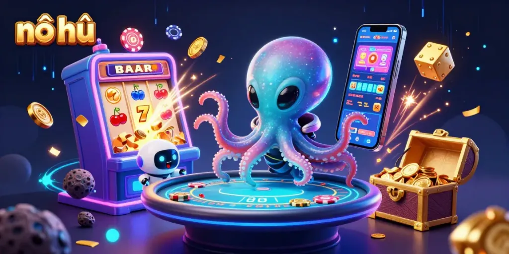 Nổ hũ reveals a vibrant casino scene with a playful alien octopus and a tiny robot, exploring slot games and jackpots.