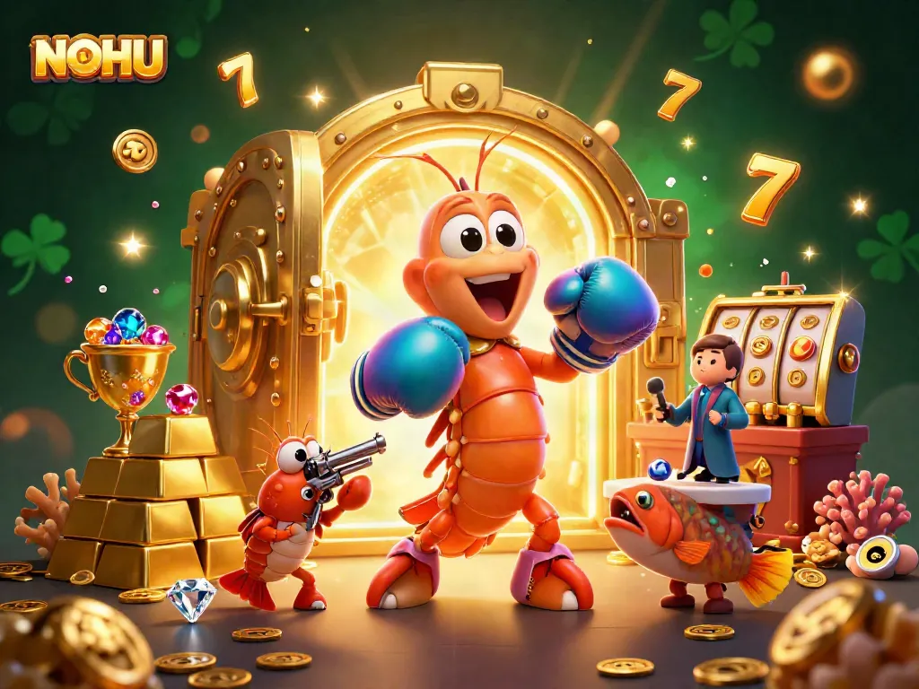 Engaging NOHU themed casino scene with mantis shrimp, treasure vault, and dynamic slot game elements.