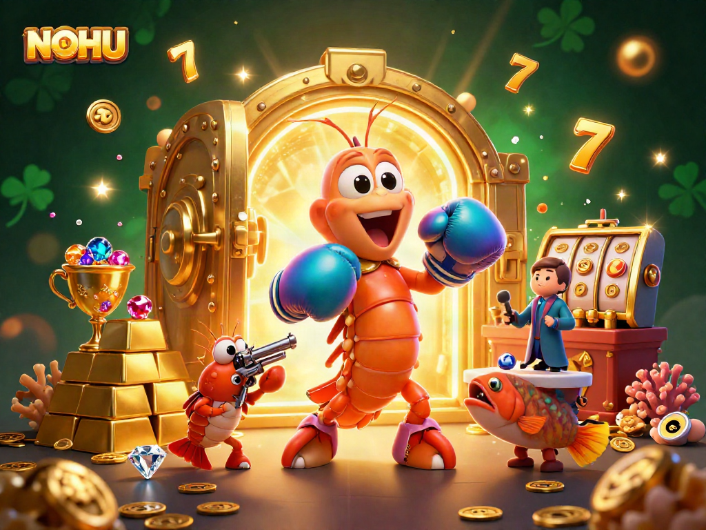 Engaging NOHU themed casino scene with mantis shrimp, treasure vault, and dynamic slot game elements.