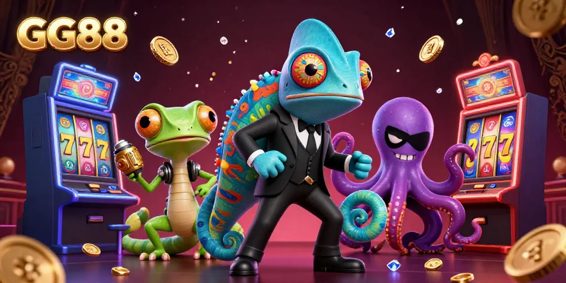 Experience the excitement of GG88 casino games with a colorful illustration featuring a secret agent chameleon.