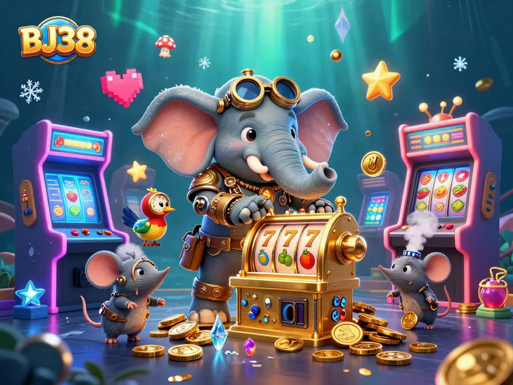 Spin the golden slot machine with the engaging BJ38 steampunk casino scene filling the frame.