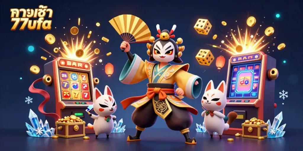 Experience the thrilling gaming magic of ทางเข้า 77ufa with a vibrant casino scene filled with dynamic characters and exciting slots.