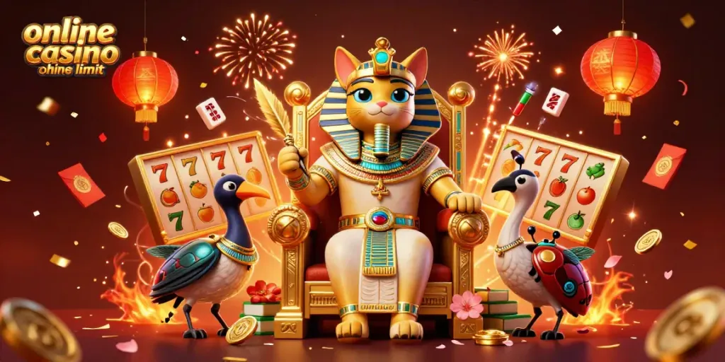 Engage with the lively atmosphere of an online casino ohne limit featuring a glorious pharaoh cat and vibrant gaming elements.