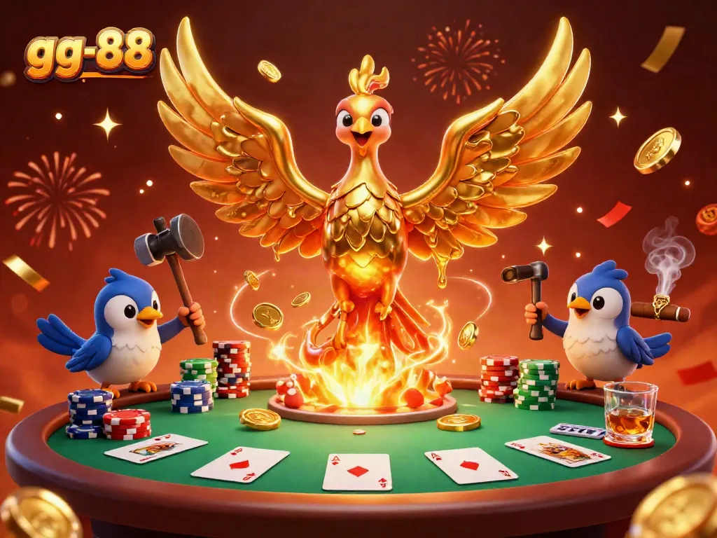 Experience the thrill of gambling with gg-88's captivating golden phoenix at a vibrant poker table.