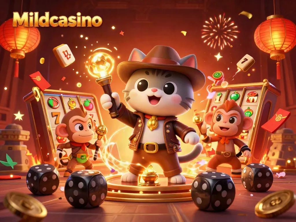 Mildcasino showcases an exciting 3D scene with casino elements like slot reels and festive decorations.