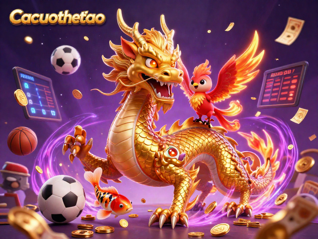 Cacuocthethao sports betting scene with a majestic dragon, phoenix, and koi fish surrounded by dynamic betting elements.