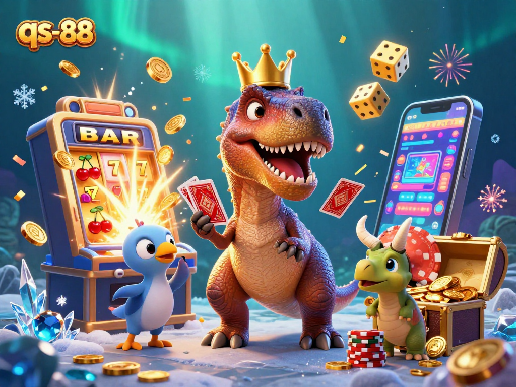 qs-88 casino scene featuring T-Rex shuffling cards, vibrant with jackpots and gold coins.