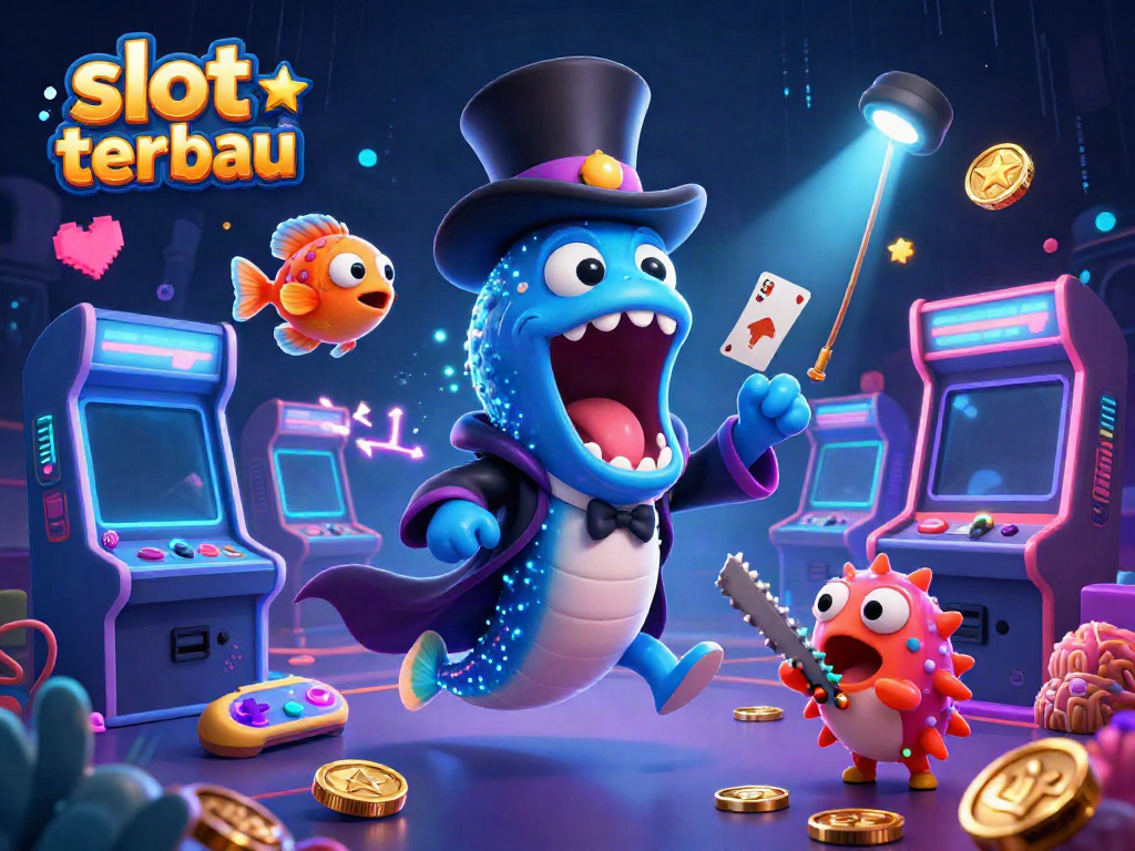Slot terbaru: ilustrasi 3D kartun tentang ikan gulper dan permainan slot yang menampilkan elemen kasino.