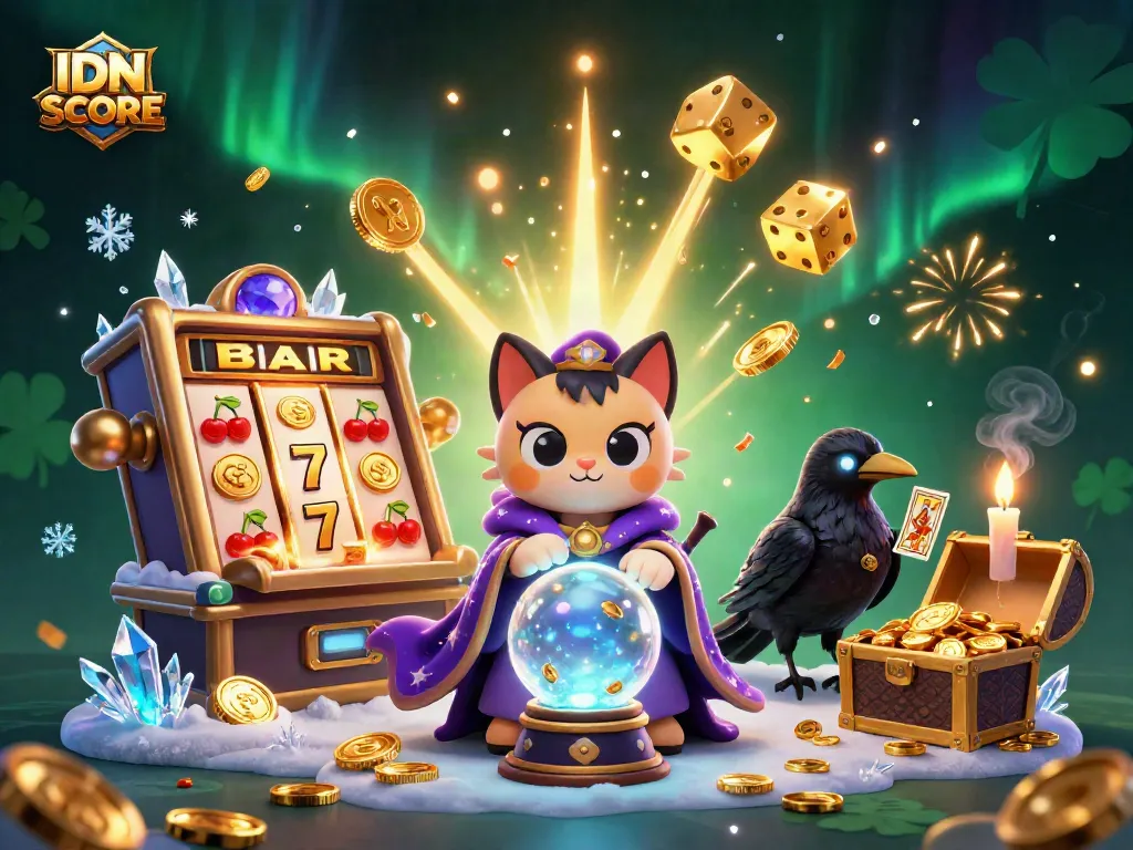 Experience big wins with IDNSCORE in this vibrant gambling scene featuring mystical characters and slot action.