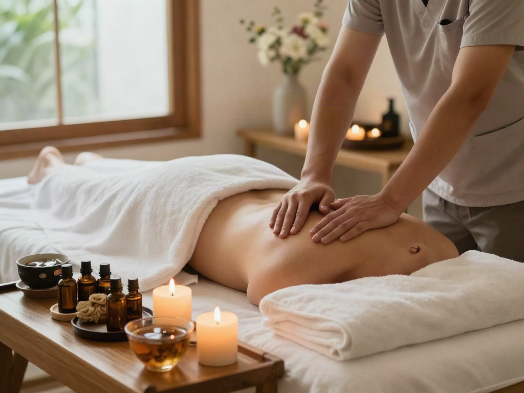 Enjoying 광명출장마사지 in a serene massage therapy room with candles and soothing ambiance.