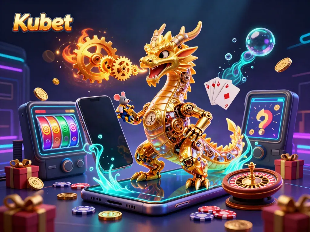 Experience thrilling gameplay at Kubet with a dragon and engineer amidst cascading casino elements.