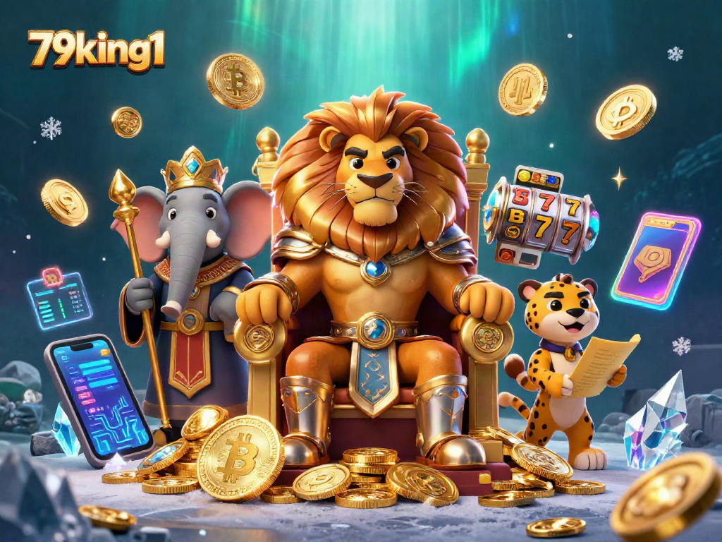 Spin the reels with 79king1 in an immersive 3D casino scene featuring a lion king and slot symbols.