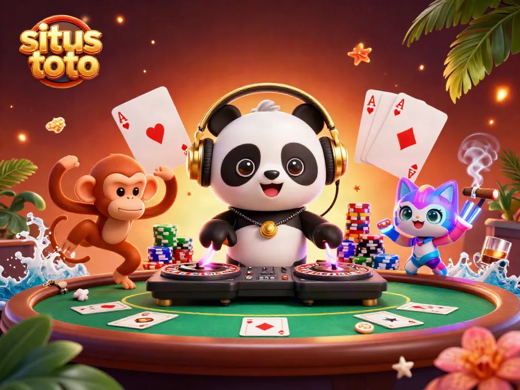 Menang di situs toto dengan ilustrasi DJ panda, monyet breakdance, dan kucing rave yang dinamis.