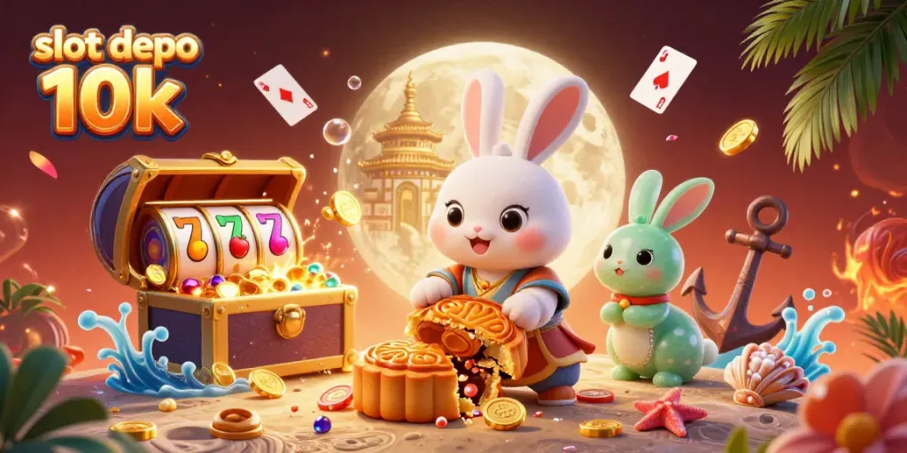 Engaging illustration of slot depo 10k, showcasing a moon rabbit with poker chips on the lunar surface among vibrant casino elements.