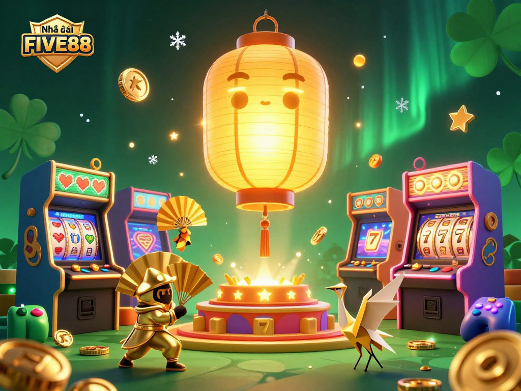Engage with Nhà cái FIVE88 while exploring a vibrant 3D casino scene filled with dynamic game elements and lucky symbols.