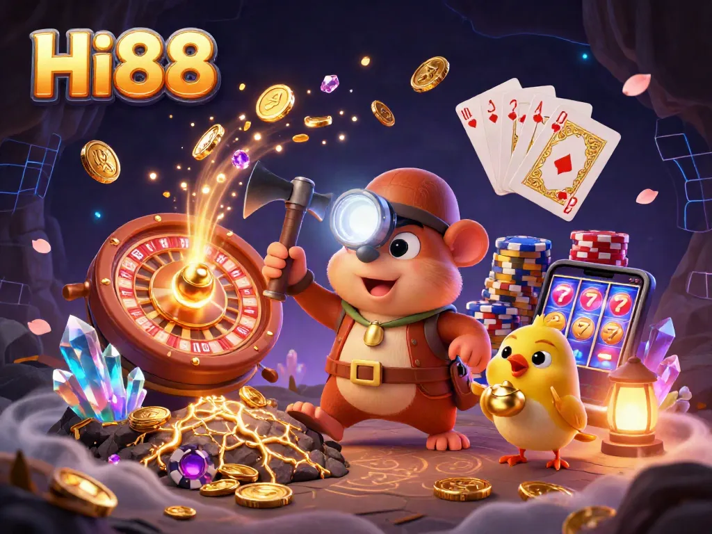 Engage in winning strategies at Hi88 with a vibrant 3D treasure hunting scene filled with gold and gems.