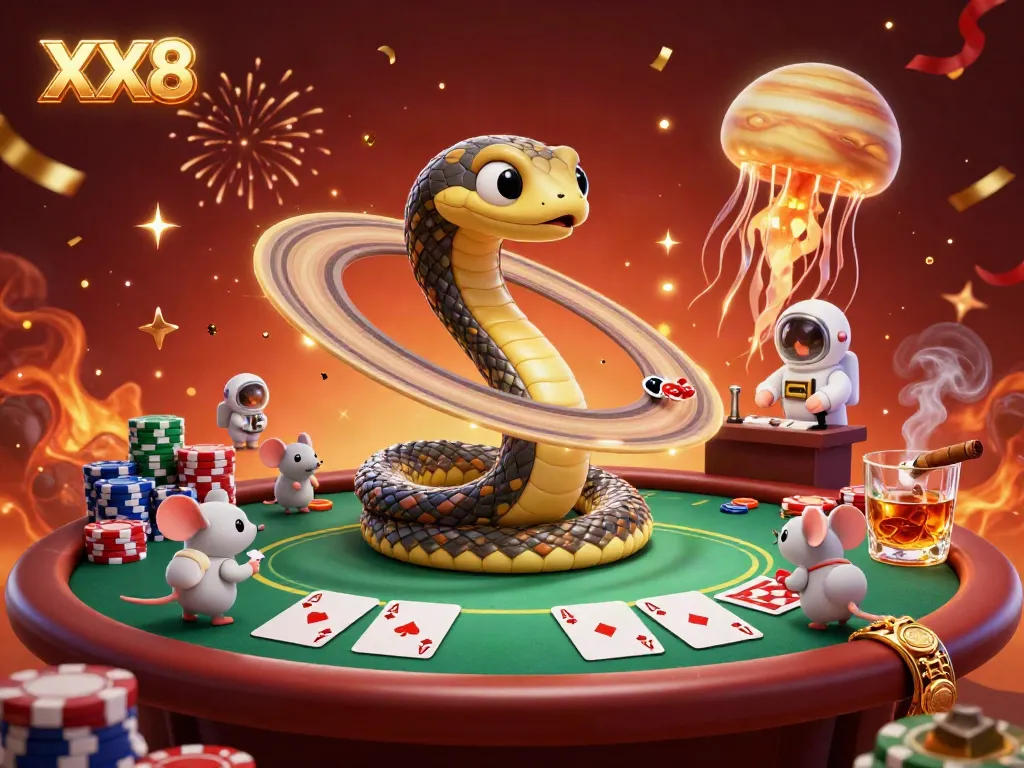 Bet on XX8 with astronaut mice amid a cosmic casino filled with colorful poker chips.