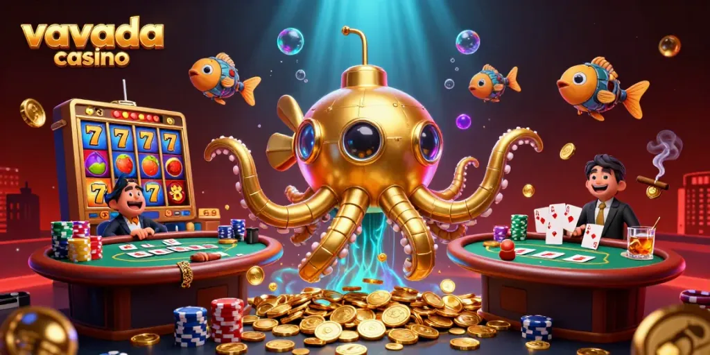 Experience exciting gameplay with Vavada Casino's lively 3D kraken submarine illustration.