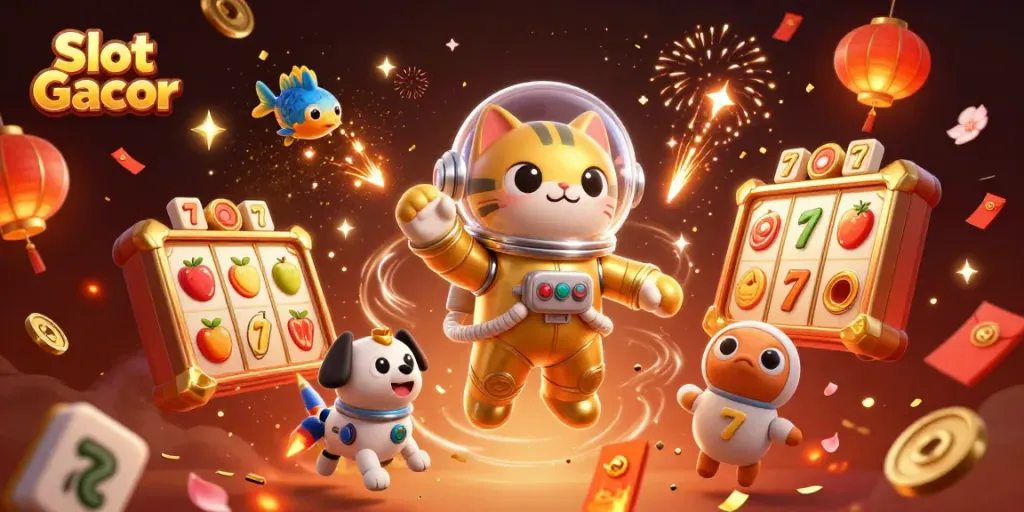 Experience Slot Gacor action with a whimsical cat astronaut and robot dog in vibrant space.