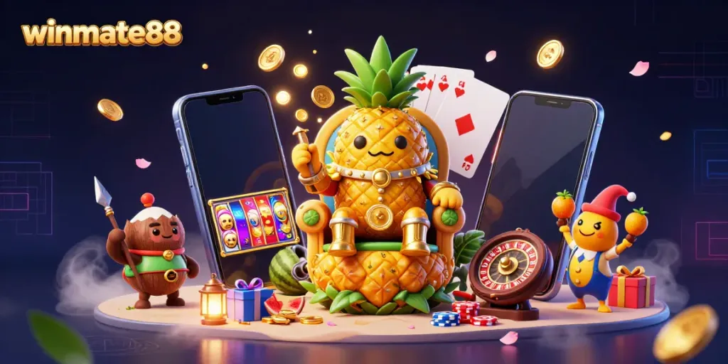 Spin to win at winmate88 with the golden pineapple king ruling the vibrant beach casino!