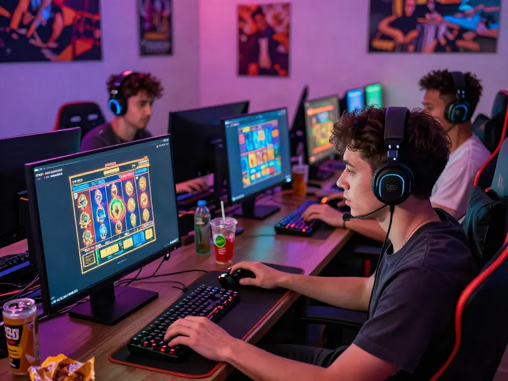 Engaged gamers enjoying intense moments with a slot demo on multiple screens.