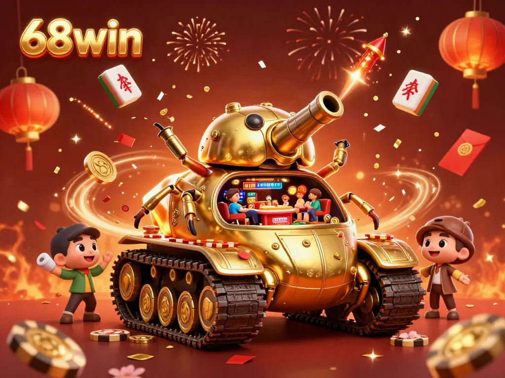Experience thrilling wins at 68win with a vibrant battle-ready golden beetle tank casino scene.