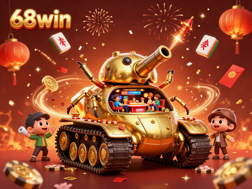 Experience thrilling wins at 68win with a vibrant battle-ready golden beetle tank casino scene.