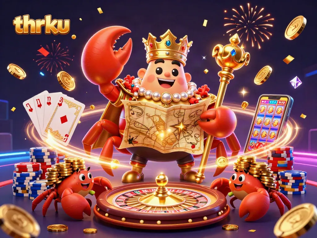 Experience thrilling gameplay with thrku's 3D illustration of a golden crab emperor amidst casino excitement.