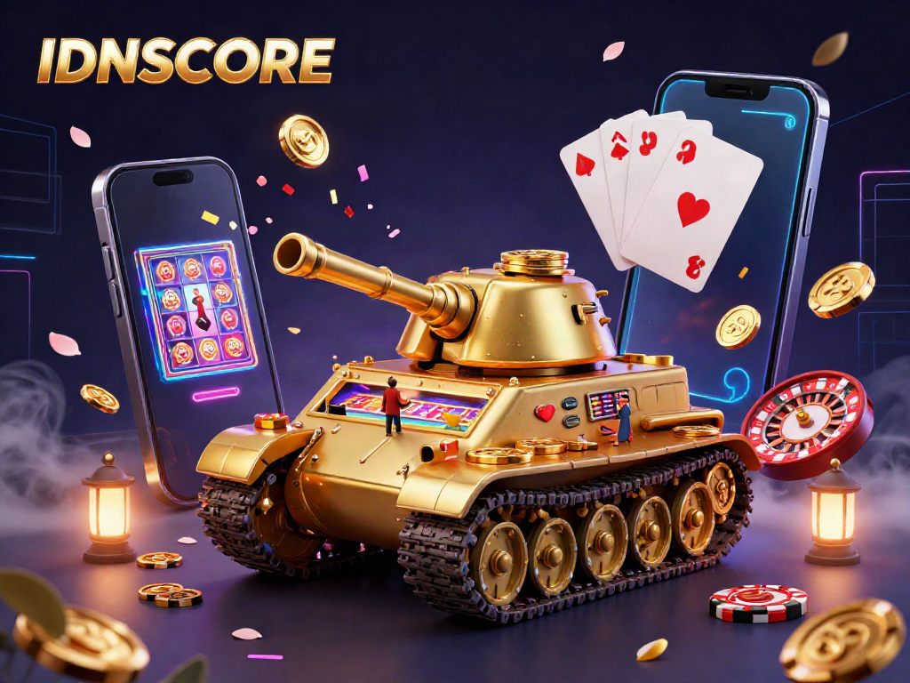IDNSCORE offers a vibrant 3D casino scene where a golden beetle tank reveals a miniature casino, surrounded by gaming elements and animated visuals.