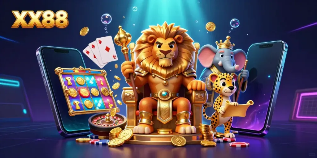 Engage in the thrilling world of XX88, where a lion king presides over slots and casino excitement.