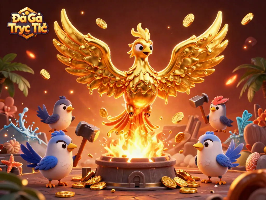 Engage in Đá Gà Trực Tiếp action with molten golden phoenix and dynamic arena elements